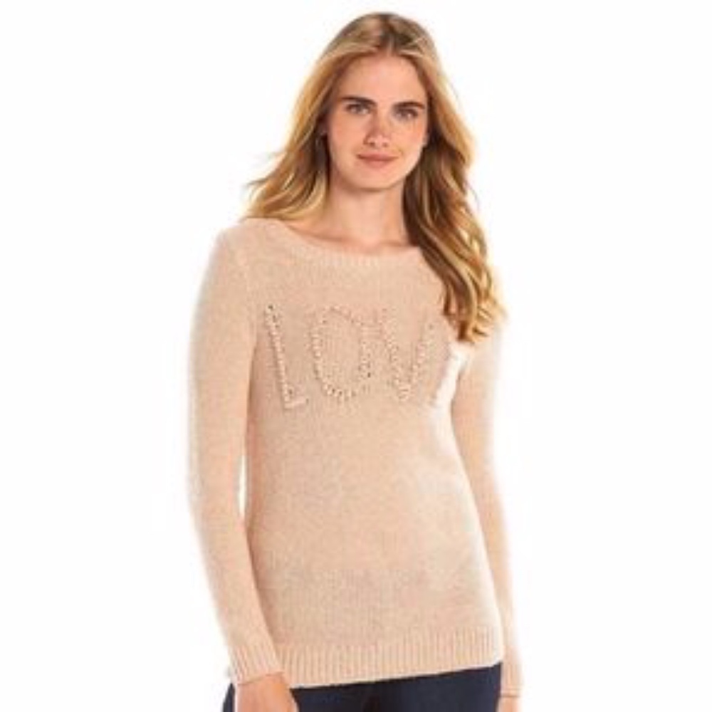 LC LAUREN CONRAD Blush Pink Love Crewneck Sweater - Picture 2 of 6